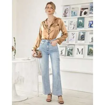 Ekouaer Women's Classic Button Down Long Satin Silk Pajama Set,Large,Deep Brown