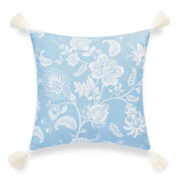 Hofdeco Premium Coastal Hampton Style Patio Indoor Outdoor Throw Pillow Cover Only, 18"x18" Water Resistant for Backyard, Couch, Baby Blue Floral Tassel