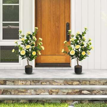 Goplus 38’’ Artificial Camellia Tree, 2 Pack Flower Plants Artificial Tree, Faux Floral Plant Bl...
