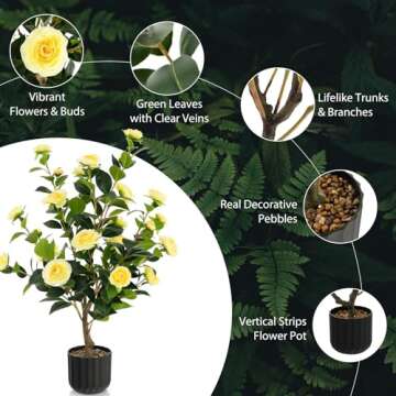 Goplus 38’’ Artificial Camellia Tree, 2 Pack Flower Plants Artificial Tree, Faux Floral Plant Blooming Tree in Cement Pot, Greenery Potted Plant for Indoor Outdoor Office Home Porch Decor
