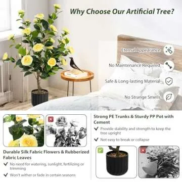 Goplus 38’’ Artificial Camellia Tree, 2 Pack Flower Plants Artificial Tree, Faux Floral Plant Blooming Tree in Cement Pot, Greenery Potted Plant for Indoor Outdoor Office Home Porch Decor