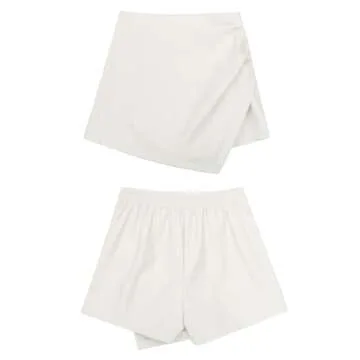luvamia Shorts for Women Faux Leather Skorts High Waisted Ruched Wrap Skorts Skirts Elastic Waist Skort for Women Womens Dress Shorts Womens Skirts Antique White Size Medium Fits Size 8 / Size 10