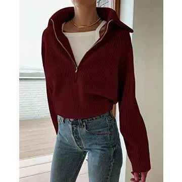 BTFBM Women’s Casual Long Sleeve Half Zip Pullover Sweaters Solid V Neck Collar Ribbed Knitted Loose Slouchy Jumper Tops(Solid Wine Red, Medium)