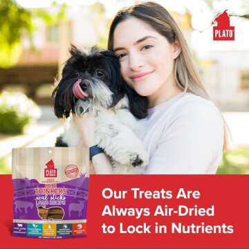 Plato Pet Treats Thinkers - Meat Stick Treats for Dogs - Limited Ingredient Dog Treats with EPA and DHA to Support Skin, Coat, and Brain - Air-Dried Dog Treats - Mini Thinkers Lamb 3oz