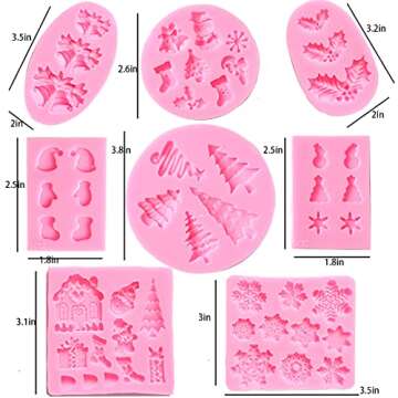 Christmas Fondant Molds Set, Christmas theme Silicone Chocolate Candy Mold for Cake Cupcake Polymer Clay Crafting Project -Christmas tree, Holly Leaves, snowflakes, bells, etc. (8 pack)