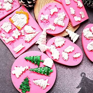 Christmas Fondant Molds Set, Christmas theme Silicone Chocolate Candy Mold for Cake Cupcake Polymer Clay Crafting Project -Christmas tree, Holly Leaves, snowflakes, bells, etc. (8 pack)