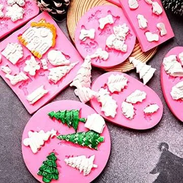 Christmas Fondant Molds Set, Christmas theme Silicone Chocolate Candy Mold for Cake Cupcake Polymer Clay Crafting Project -Christmas tree, Holly Leaves, snowflakes, bells, etc. (8 pack)