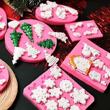 Christmas Fondant Molds Set, Christmas theme Silicone Chocolate Candy Mold for Cake Cupcake Polymer Clay Crafting Project -Christmas tree, Holly Leaves, snowflakes, bells, etc. (8 pack)