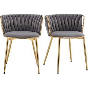 Riknuxi Velvet Dining Chairs Set of 2, Modern Woven Dining Chair with Metal Legs, Gold Upholstered D...