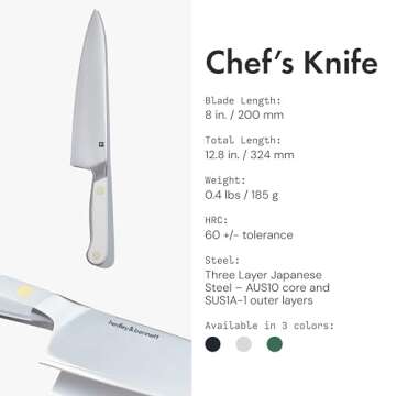 hedley & bennett Chef’s Knife - 8” Japanese Kitchen Knife - Three Layer Stainless Steel, Plain Sharp Edge - Perfect Cooking Gifts for Men and Women - Enoki (White)