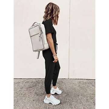 PRETTYGARDEN Women's Two Piece Outfit Short Sleeve Pullover with Drawstring Long Pants Tracksuit Jogger Set (A-black,Large)