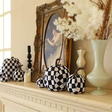 joyhalo Black and White Pumpkins, 8 Pack Buffalo Plaid Fall Decor Fall Artificial Pumpkin Foam Pumpkins for Fall Autumn Halloween Thanksgiving Harvest Tabletop Decoration