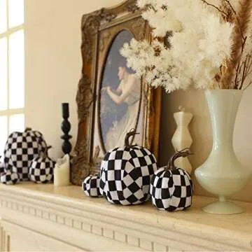 joyhalo Black and White Pumpkins, 8 Pack Buffalo Plaid Fall Decor Fall Artificial Pumpkin Foam Pumpkins for Fall Autumn Halloween Thanksgiving Harvest Tabletop Decoration