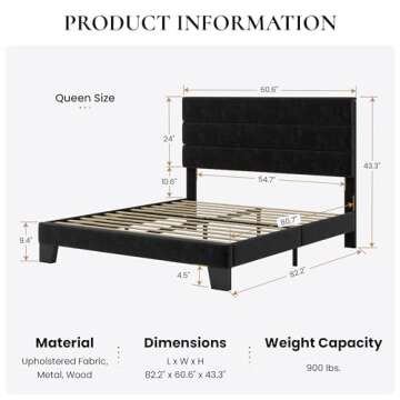 SHA CERLIN Queen Platform Bed Frame with Velvet Upholstered Headboard, Mattress Foundation with Stro...