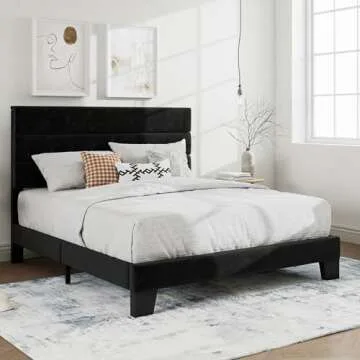 SHA CERLIN Queen Platform Bed Frame with Velvet Upholstered Headboard, Mattress Foundation with Strong Wooden Slats Support, No Box Spring Needed, Black