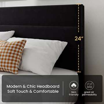 SHA CERLIN Queen Platform Bed Frame with Velvet Upholstered Headboard, Mattress Foundation with Strong Wooden Slats Support, No Box Spring Needed, Black