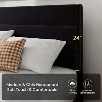 SHA CERLIN Queen Platform Bed Frame with Velvet Upholstered Headboard, Mattress Foundation with Strong Wooden Slats Support, No Box Spring Needed, Black