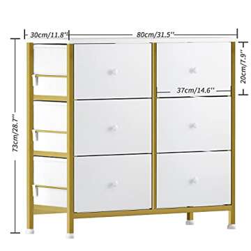 BOLUO White Dresser for Bedroom 6 Drawer Small Dresser Organizers Fabric Storage Chest Tower Dressers Unit for Closet Nursery Hallway Office, Kids and Adult Modern Gold