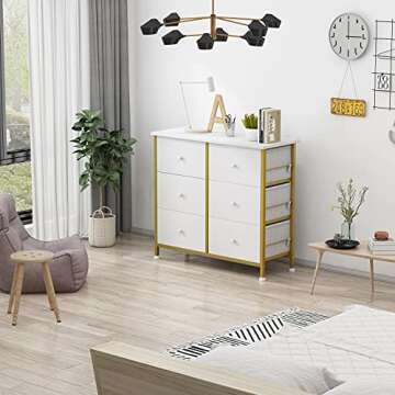BOLUO White Dresser for Bedroom 6 Drawer Small Dresser Organizers Fabric Storage Chest Tower Dressers Unit for Closet Nursery Hallway Office, Kids and Adult Modern Gold