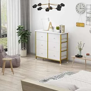 BOLUO White Dresser for Bedroom 6 Drawer Small Dresser Organizers Fabric Storage Chest Tower Dressers Unit for Closet Nursery Hallway Office, Kids and Adult Modern Gold