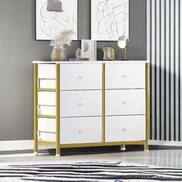 BOLUO White Dresser for Bedroom 6 Drawer Small Dresser Organizers Fabric Storage Chest Tower Dressers Unit for Closet Nursery Hallway Office, Kids and Adult Modern Gold
