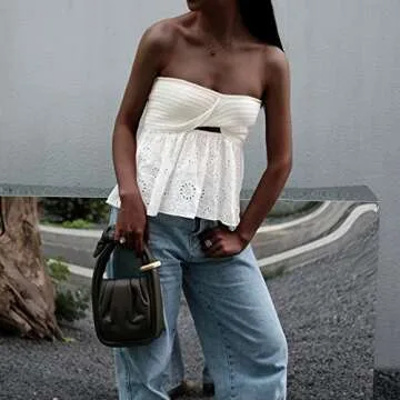 MISSACTIVER Women Twist Knot Knit Bandeau Tube Top Embroidery Strapless Off Shoulder Backless Hollow Crop Tank Corset Top(Medium,White)