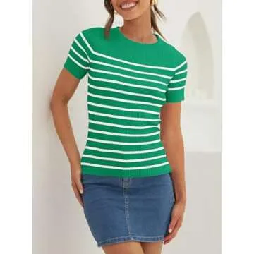 ZESICA Women's Short Sleeve Crewneck Striped T Shirt 2025 Summer Ribbed Knit Slim Fit Casual Basic Tee Tops,Green,Small