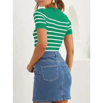 ZESICA Women's Short Sleeve Crewneck Striped T Shirt 2025 Summer Ribbed Knit Slim Fit Casual Basic Tee Tops,Green,Small