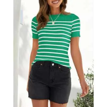 ZESICA Women's Short Sleeve Crewneck Striped T Shirt 2025 Summer Ribbed Knit Slim Fit Casual Basic Tee Tops,Green,Small