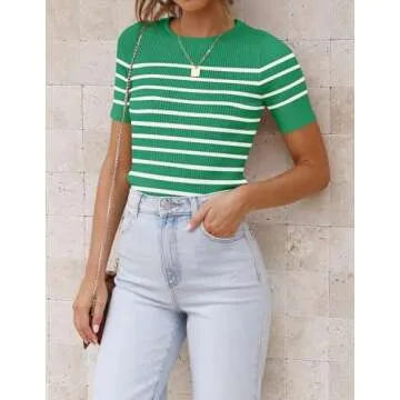 ZESICA Women's Short Sleeve Crewneck Striped T Shirt 2025 Summer Ribbed Knit Slim Fit Casual Basic Tee Tops,Green,Small
