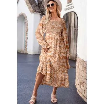 Dokotoo Summer Dresses for Women 2025 Casual Boho Floral Square Neck Long Sleeve Smocked Elastic Waist Tiered Ruffle Hem Maxi Dress Summer Outfits for Women Yellow X-Large
