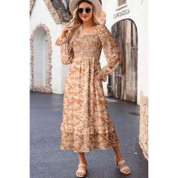 Dokotoo Summer Dresses for Women 2025 Casual Boho Floral Square Neck Long Sleeve Smocked Elastic Waist Tiered Ruffle Hem Maxi Dress Summer Outfits for Women Yellow X-Large