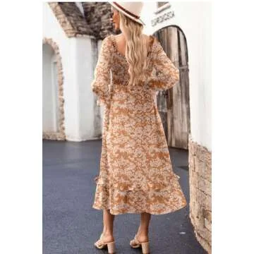 Dokotoo Summer Dresses for Women 2025 Casual Boho Floral Square Neck Long Sleeve Smocked Elastic Waist Tiered Ruffle Hem Maxi Dress Summer Outfits for Women Yellow X-Large