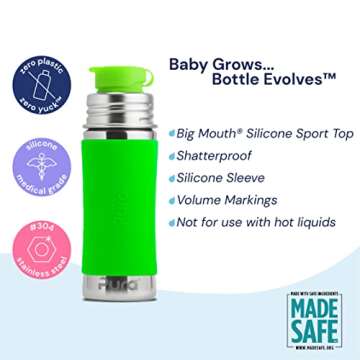 Pura Sport Mini 11oz/325ml Bottle w/Sleeve & Silicone Big Mouth Sport Top - Stainless Steel, Leak-Proof & Spill-Proof for Kids, Toddlers, Preschoolers - Aqua Swirl