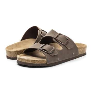 FITORY Womens Flat Sandals with Cork Footbed, Open Toe Slides Adjustable Slip On Slippers for Summer Brown Size 8