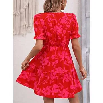 SweatyRocks Women's Floral Print V Neck Dress - Puff Sleeve Tie Front Dress with Ruffle Hem in Red -...