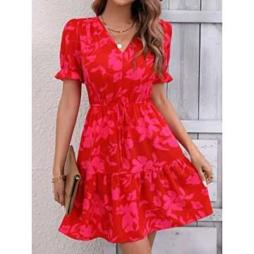 Floral V Neck Dress with Puff Sleeves for Women