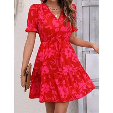 Floral V Neck Dress with Puff Sleeves for Women