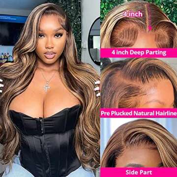 ABALON Honey Blonde Body Wave Lace Front Wigs Human Hair Pre Plucked with Baby Hair Colored Highlight Ombre 13x4 HD Transparent P4/27 180% Density Lace Fontal Wigs for Women Natural Hairline 24Inch