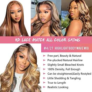 ABALON Honey Blonde Body Wave Lace Front Wigs Human Hair Pre Plucked with Baby Hair Colored Highlight Ombre 13x4 HD Transparent P4/27 180% Density Lace Fontal Wigs for Women Natural Hairline 24Inch