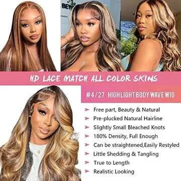 ABALON Honey Blonde Body Wave Lace Front Wigs Human Hair Pre Plucked with Baby Hair Colored Highlight Ombre 13x4 HD Transparent P4/27 180% Density Lace Fontal Wigs for Women Natural Hairline 24Inch