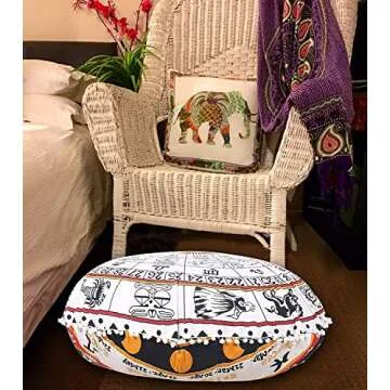 Astrology Horoscope Indian Floor Pillow Cushion Meditation Seating Ottoman Throw Home Decor Sun Moon Virgo Stars Sign Zodiac Symbol Celestial Boho Mandala Hippie Round Sham Pouf Cases (Cover Only)