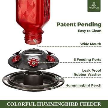 Kingsyard Glass Hummingbird Feeder for Outdoor Hanging, 24 Ounces, 6 Feeding Ports, Bird Nectar Feeder for Garden Décor, Ant Moat Included, Red