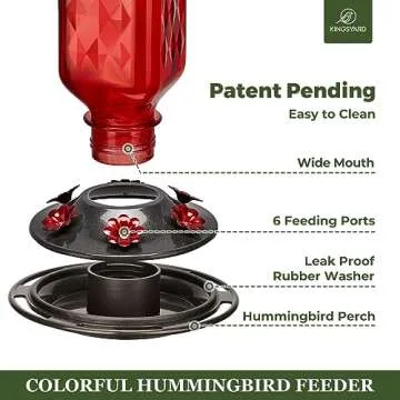 Kingsyard Glass Hummingbird Feeder for Outdoor Hanging, 24 Ounces, 6 Feeding Ports, Bird Nectar Feeder for Garden Décor, Ant Moat Included, Red
