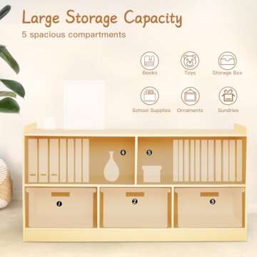 PTINFLUCE Montessori Shelf, Wooden Toy Storage Organizer for Books Toys, 2 Shelf Bookcase, 5-Section Storage Cabinet, Toddler Book Shelf for Kids Rooms, Playroom, Nursery, Kindergarten (Natural)