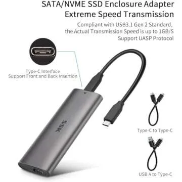 SSK Aluminum M.2 to USB NVMe SATA SSD Enclosure Reader, Tool-Free USB 3.2 Gen 2 10Gbps NVMe PCI-E 6Gbps SATA M-Key / B+M Key Solid State Drive External Adapter With UASP Trim, for SSDs 2242 2260 2280