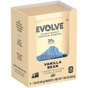Evolve Plant Based Protein Powder, Vanilla Bean, 20g Vegan Protein, Dairy Free, No Artificial Flavors, Non-GMO, 3g Fiber, 1.59oz Packets (5 Pack) (Packaging May Vary)