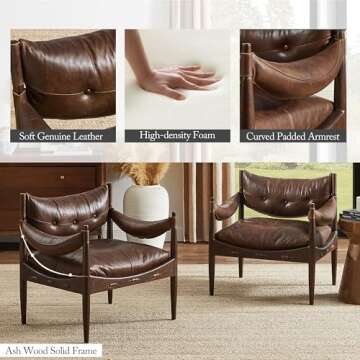 Art Leon Genuine Leather Accent Chair - Mid Century Modern Arm Chair with Ash Wood Frame, Upholstered Lounge Armchair Reading Chair for Living Room Bedroom, Cognac