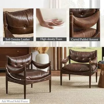 Art Leon Genuine Leather Accent Chair - Mid Century Modern Arm Chair with Ash Wood Frame, Upholstered Lounge Armchair Reading Chair for Living Room Bedroom, Cognac