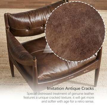 Art Leon Genuine Leather Accent Chair - Mid Century Modern Arm Chair with Ash Wood Frame, Upholstered Lounge Armchair Reading Chair for Living Room Bedroom, Cognac